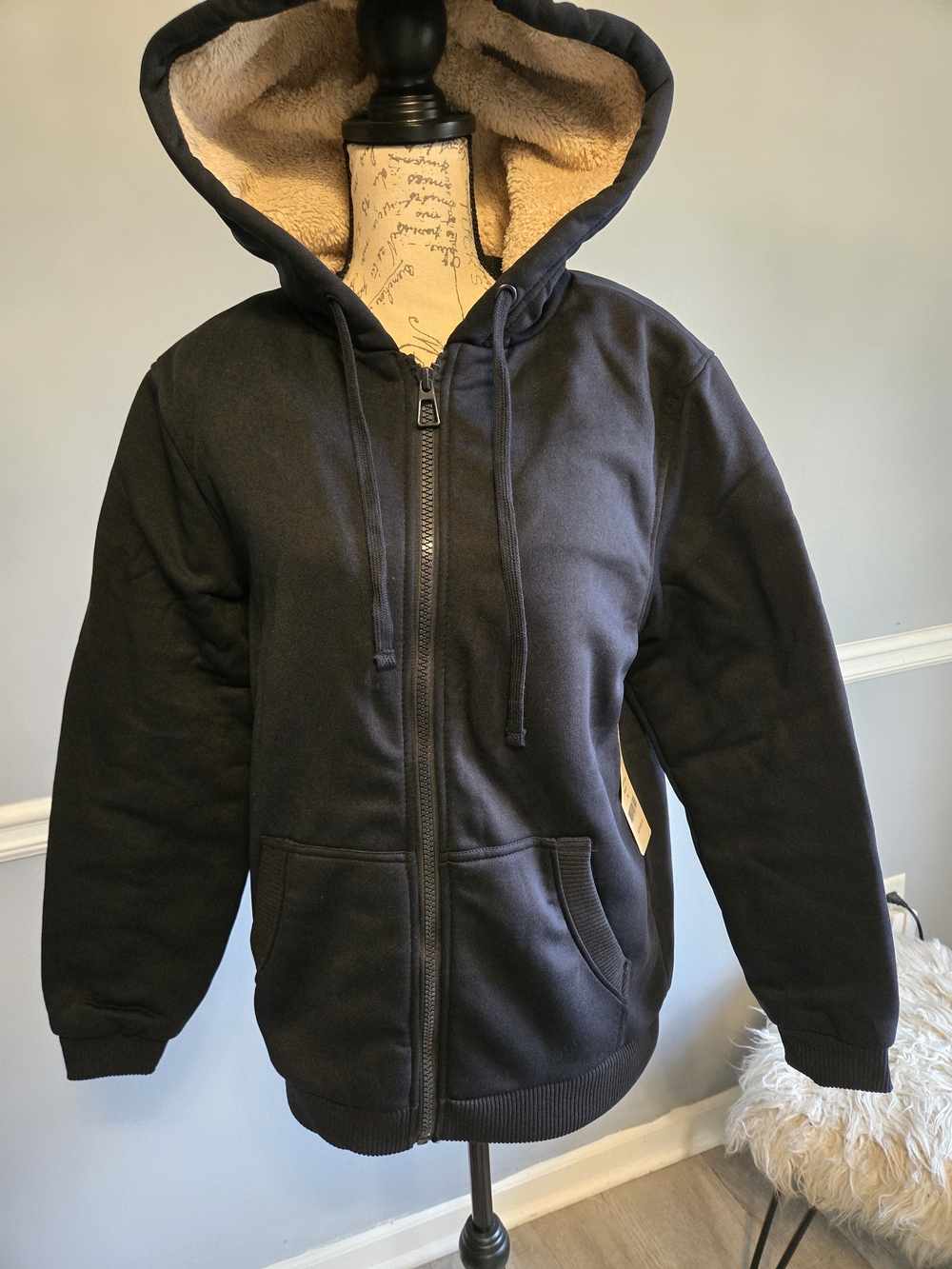 Fleece-Lined Black Zip Hoodie with Sherpa Hood